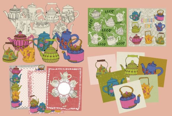 Download Colorful Retro Kettles Set Lace Napkins - Napkins Collection